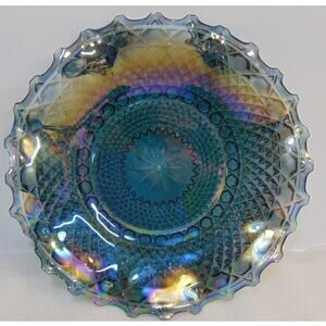 Indiana Carnival Glass Plate Iridescent Diamond Point Ruffled Edges Blue Vtg 10"